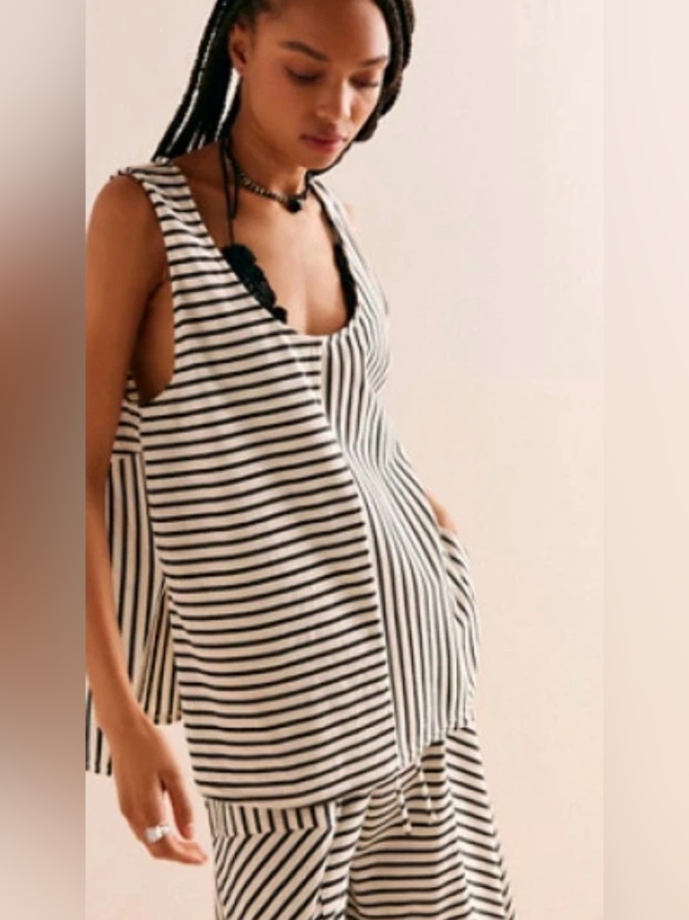Free People Julie Striped Tunic Tank Top Ivory Combo Mixed Stripe Boho LG EUC